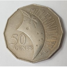 AUSTRALIA 2000 . FIFTY 50 CENTS COIN . ERROR . INCUSED FLAG